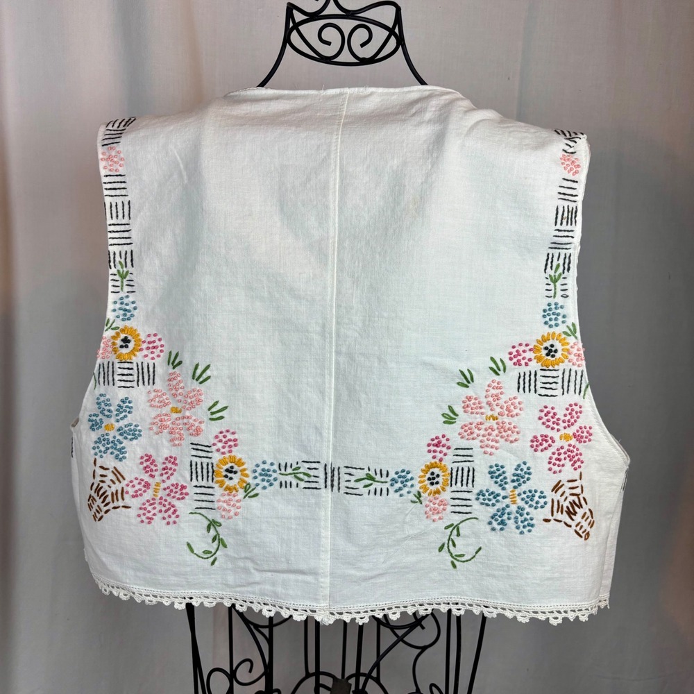 Vintage Embroidered Floral Vest White Crochet Lace Trim Cropped Handmade Sz M - Picture 7 of 16